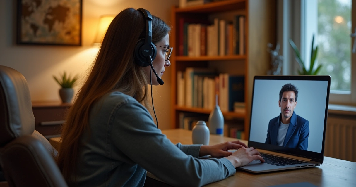 Psicanalista atendendo sessão online por videoconferência em ambiente acolhedor e moderno