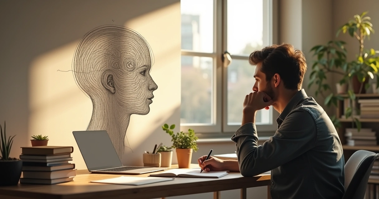 Pessoa pensativa diante de mesa com tarefas e sombra projetando labirinto mental na parede 