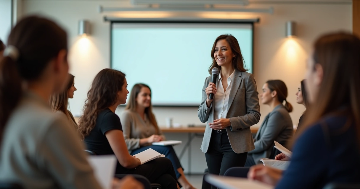 Psicóloga falando para um grupo de mulheres em evento profissional