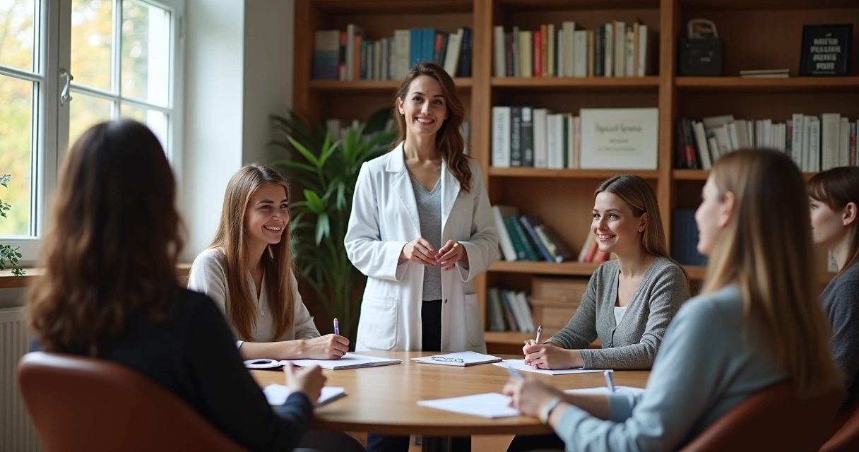 Mulher coordenando atendimento de grupo em sala de psicologia