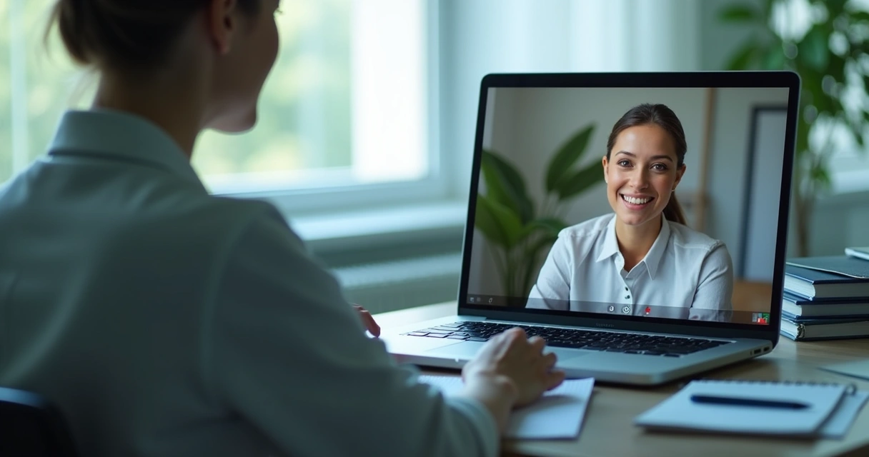 Psicóloga atendendo paciente online em laptop 