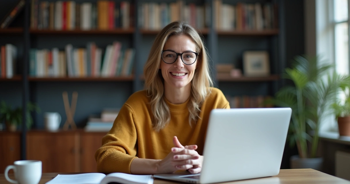 Psicóloga falando em webinar com livros ao fundo 