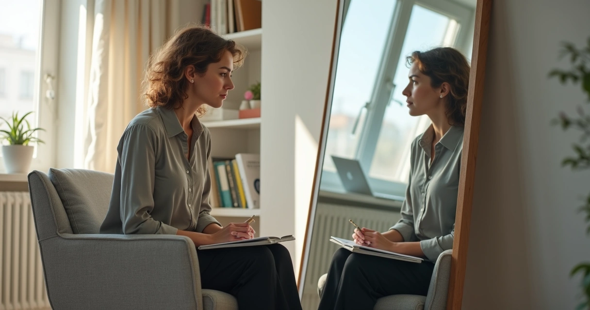 Psicóloga sentada em consultório refletindo em frente ao espelho dividido em luz e sombra 
