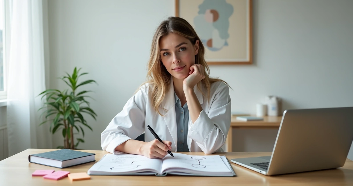 Psicóloga analisando critérios internos com anotações em um caderno 