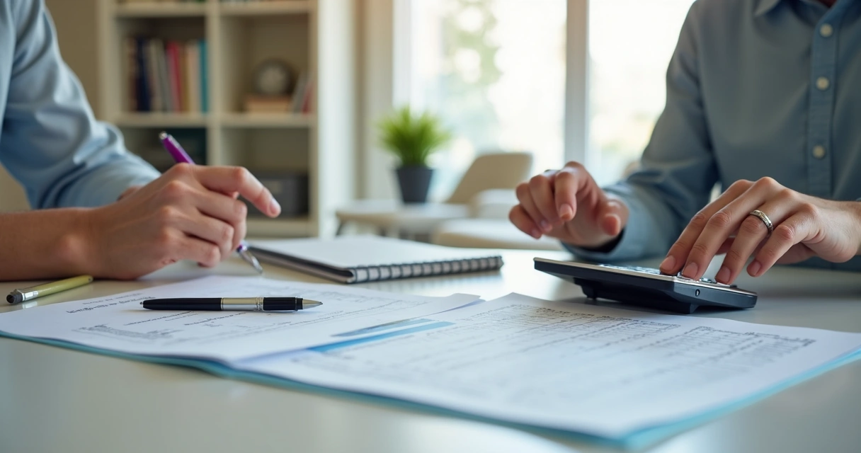 Psicóloga analisando planilhas e calculadora no consultório 
