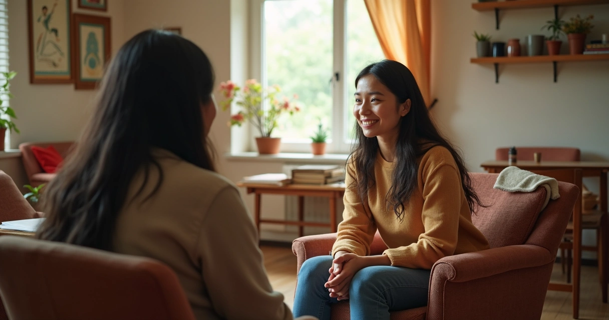 Psicóloga atendendo paciente em ambiente comunitário e acolhedor com objetos culturais locais. 