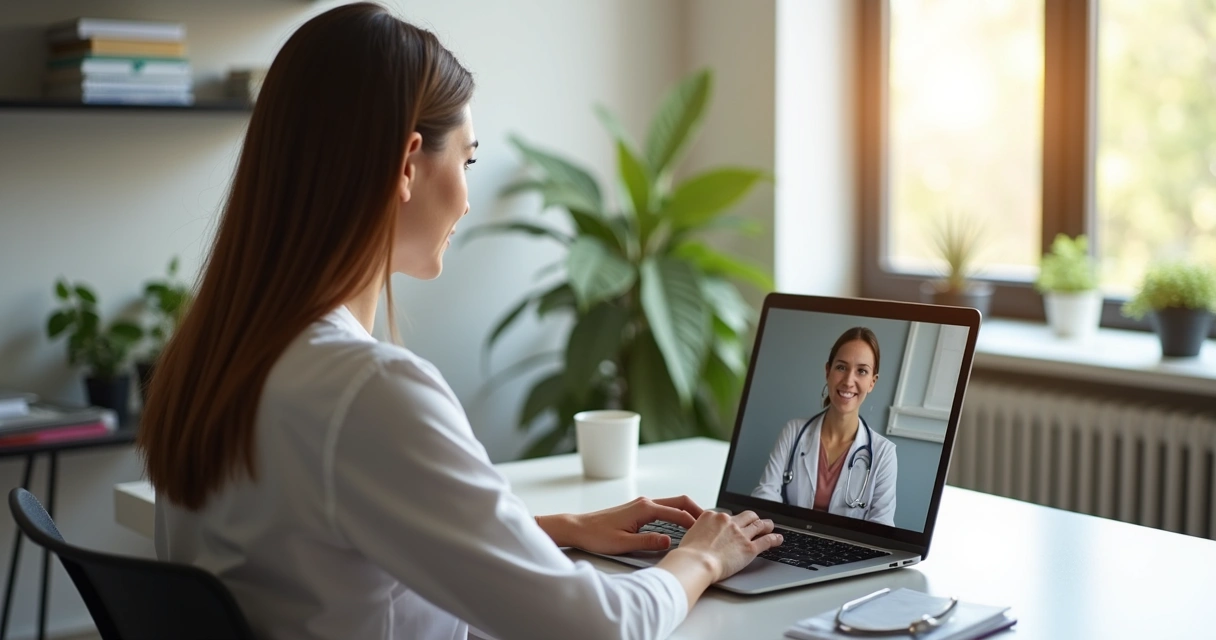 Psicóloga atendendo paciente por videochamada em home office