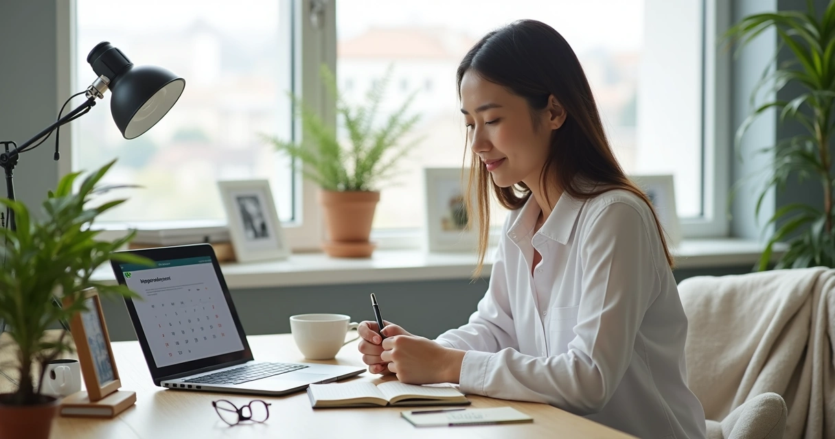 Psicóloga organizando agenda entre clínica e vida pessoal em ambiente equilibrado 