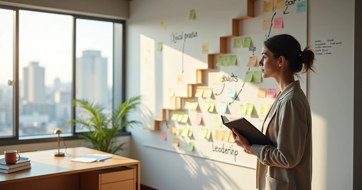 Psicóloga olhando mural com escada de carreira desenhada em escritório moderno 