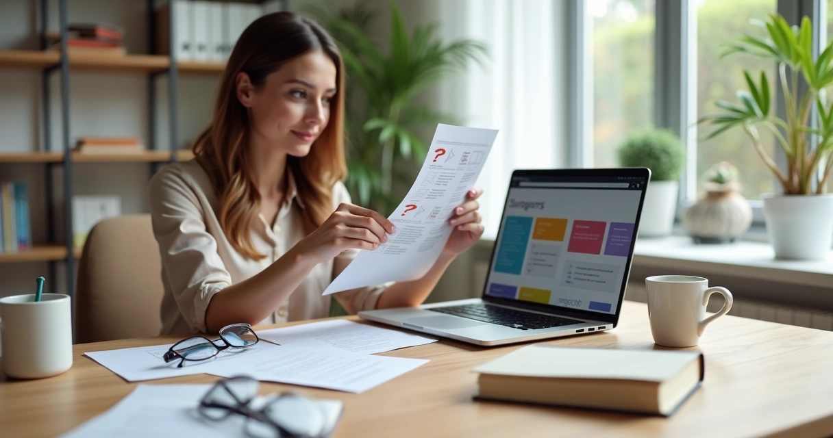 Psicóloga avaliando criteriosamente opções de cursos em seu escritório 