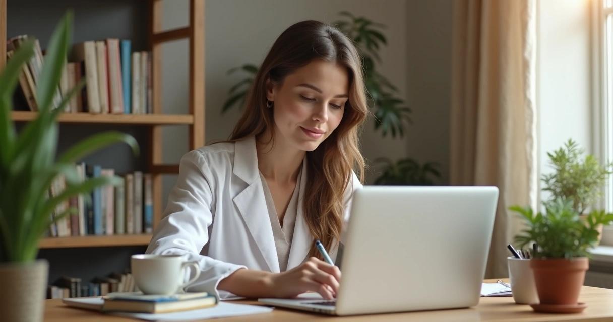 Psicóloga digitando em laptop no escritório 