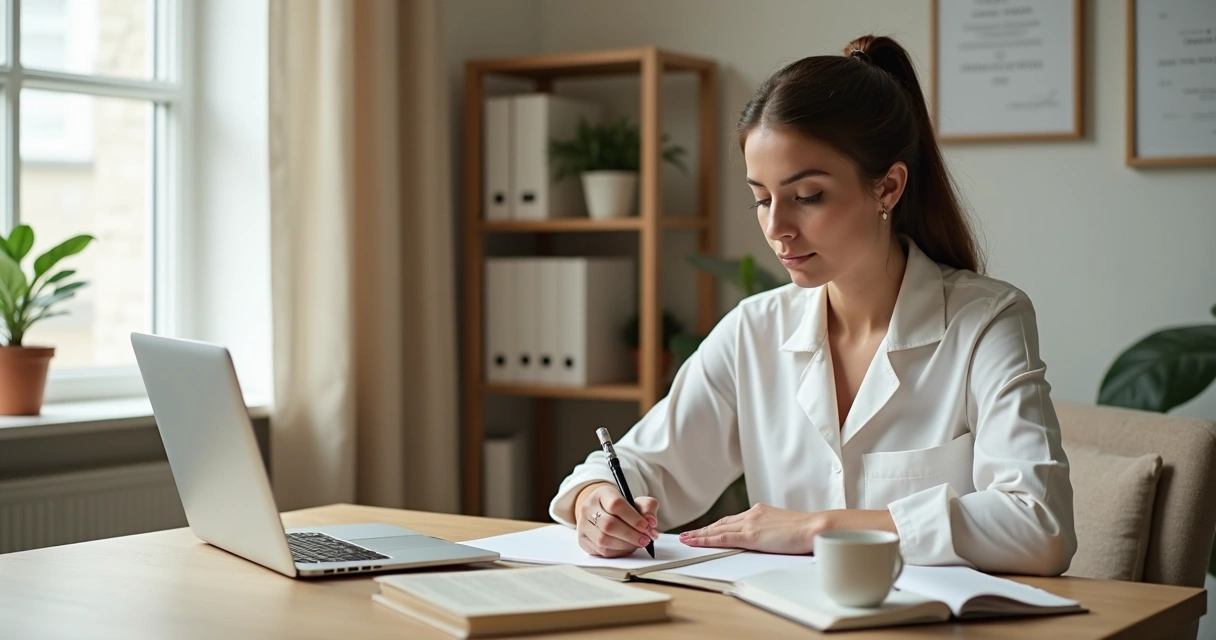 Psicóloga escreve de forma reflexiva em caderno sobre a mesa de trabalho 