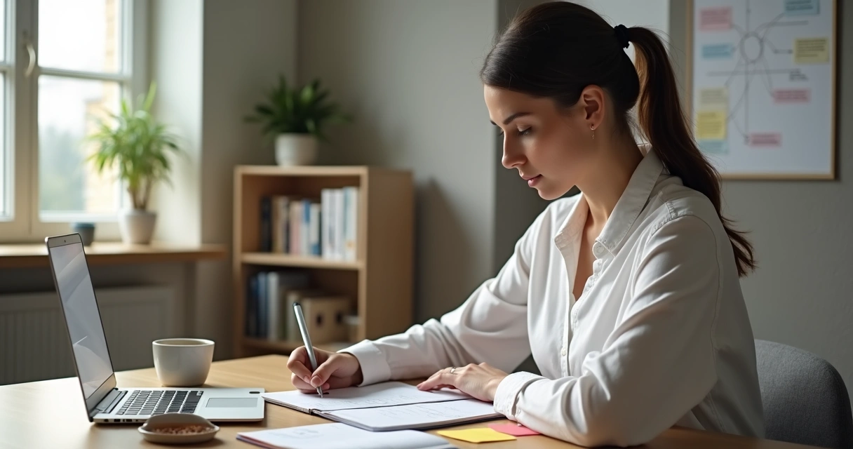 Psicóloga escrevendo plano de autodesenvolvimento em caderno na mesa de trabalho 