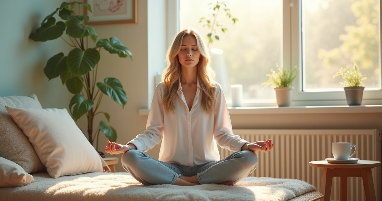 Psicóloga relaxando com olhos fechados em ambiente de consultório acolhedor e iluminado 
