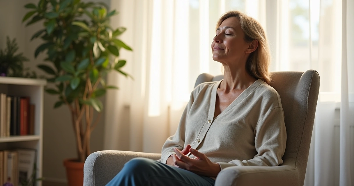 Psicóloga praticando mindfulness perto da janela do consultório 