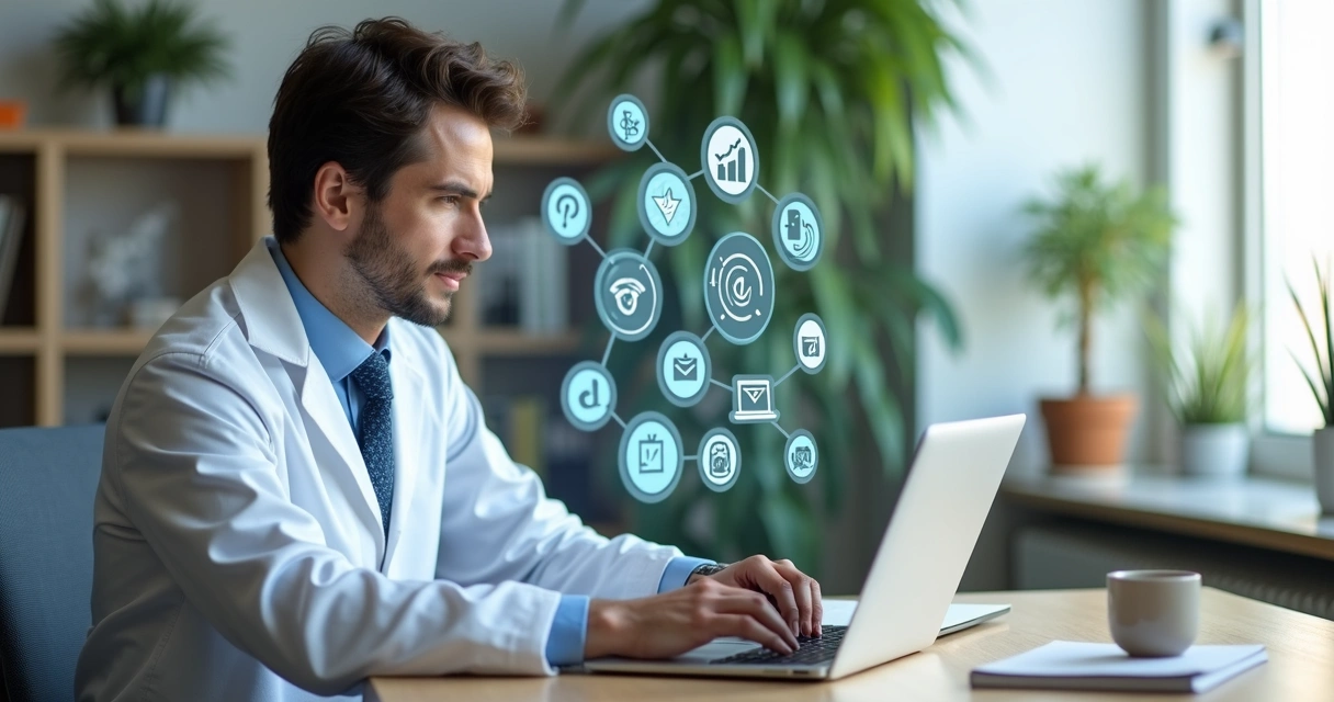 Psicóloga trabalhando em computador com gráficos e ícones de redes sociais ao redor 