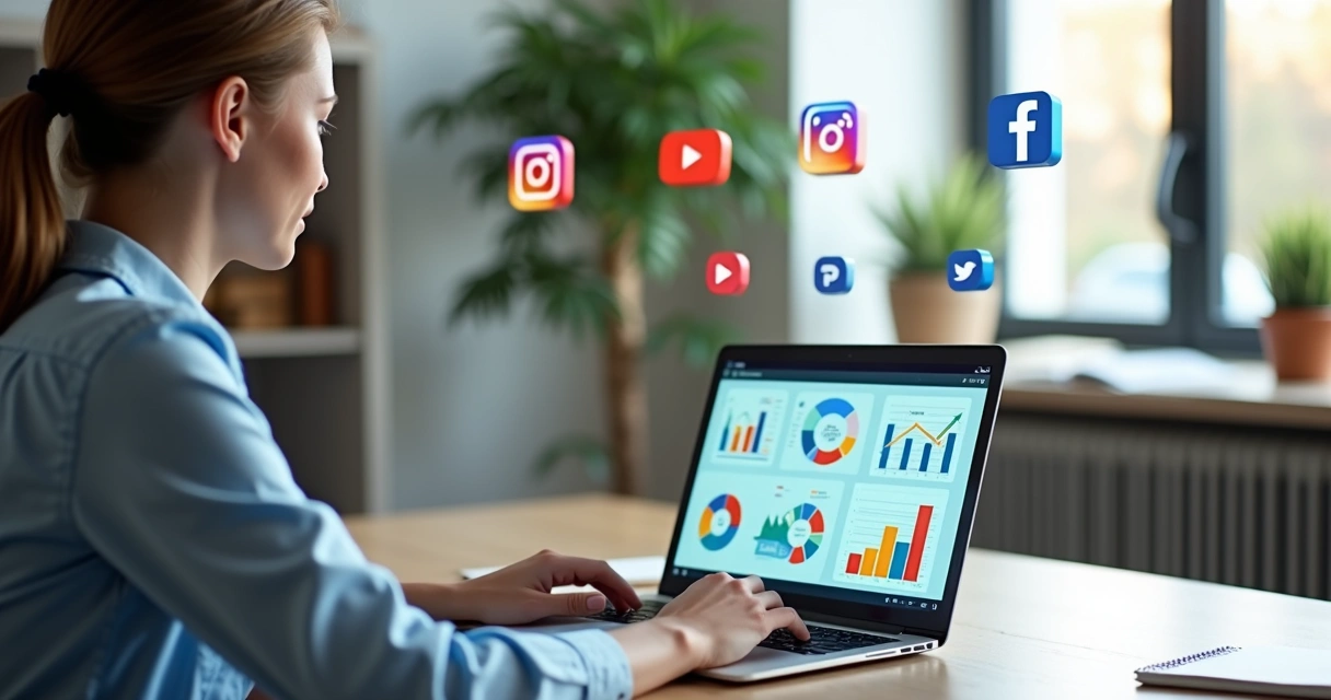 Psicóloga usando laptop com gráficos de marketing digital na tela e ícones de redes sociais ao redor 