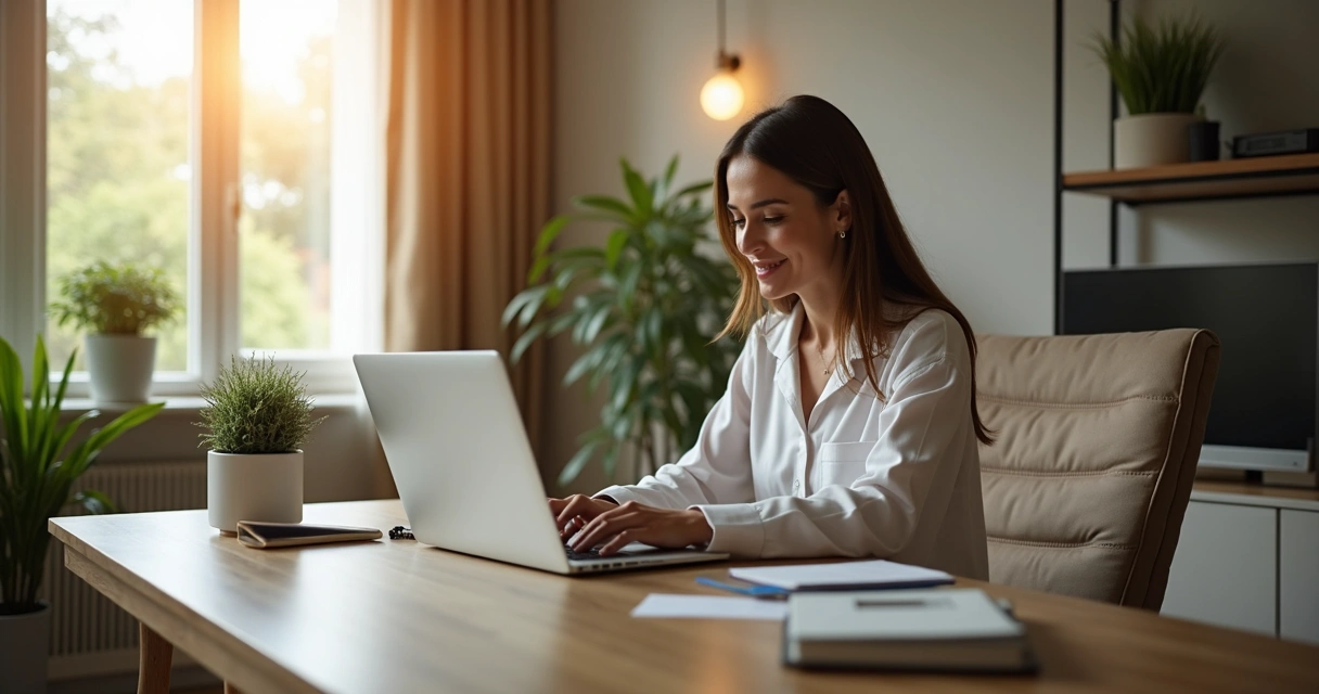 Psicóloga atendendo terapia online em ambiente moderno com laptop, iluminação suave e decoração minimalista 