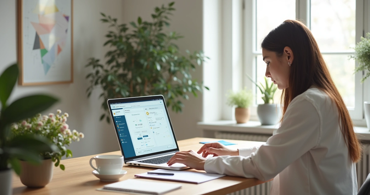 Psicóloga utilizando automação no computador em consultório moderno e organizado 