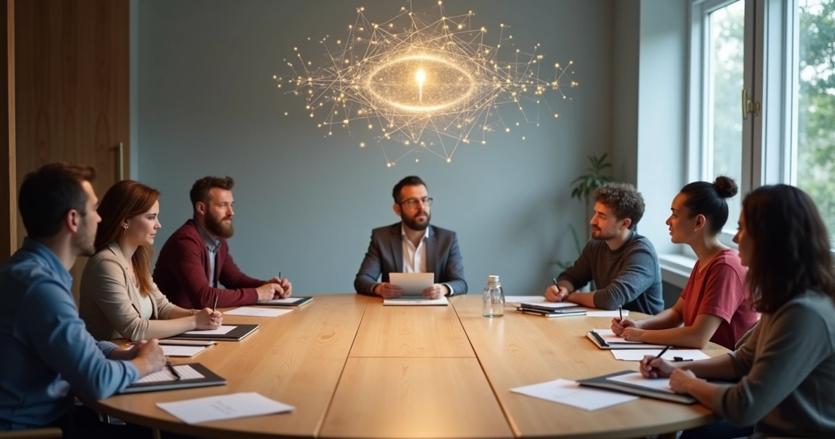 Grupo diverso en mesa redonda con silueta luminosa de conciencia compartida sobre ellos 