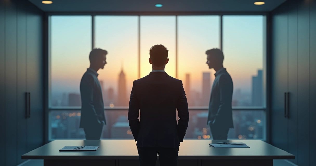 Líder pensativo frente a tres siluetas transparentes que representan distintos selfs en una encrucijada 