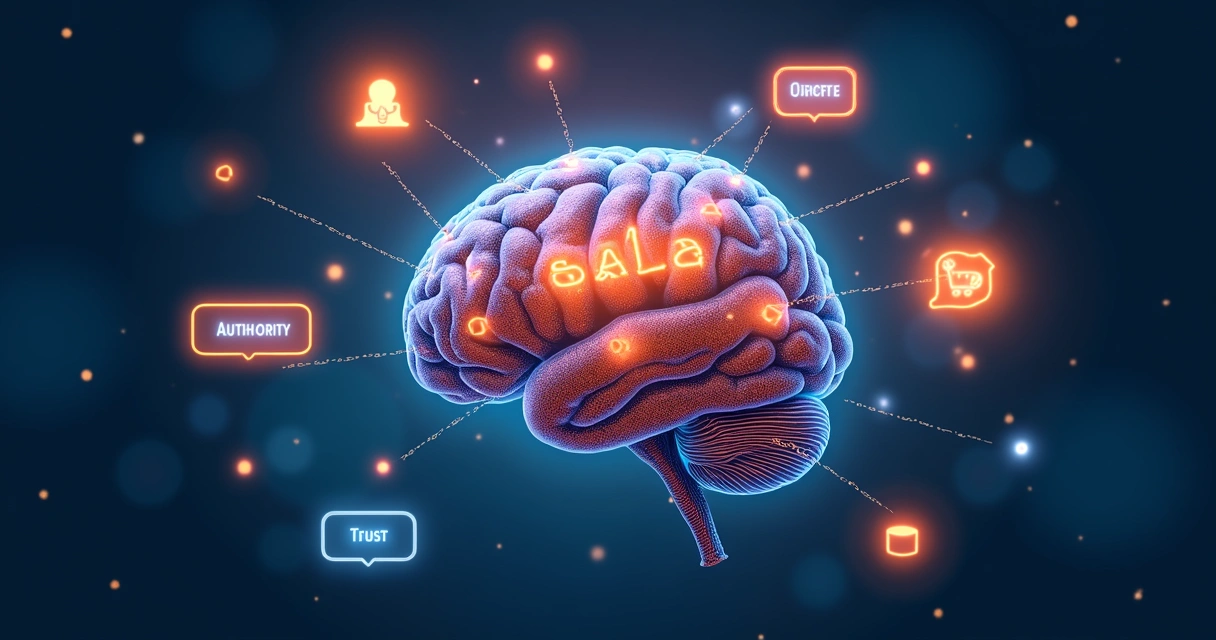 Ilustração de cérebro cercado por palavras de vendas digitais 