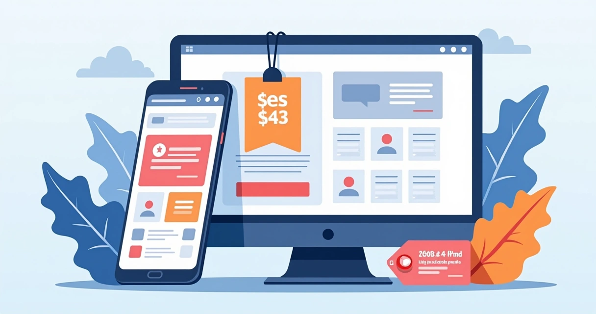 Ilustração de landing page com destaque para preço, botão colorido e selo de mais vendido