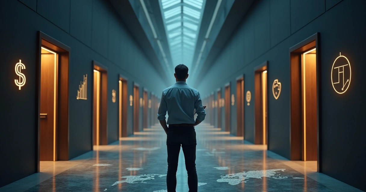 Homem diante de várias portas simbolizando escolhas e forças psicológicas ocultas 