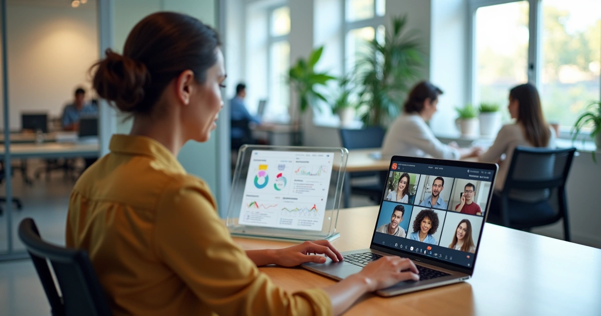 Profissional de RH observa painel digital com sessões de psicologia online para equipe 