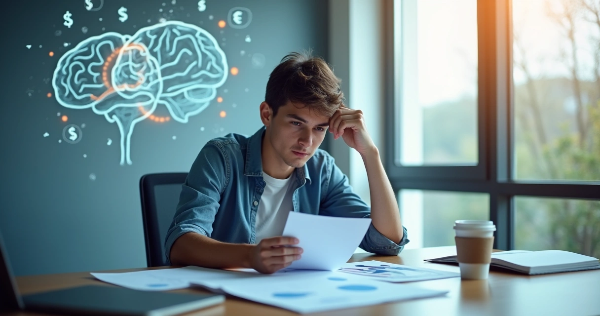 Pessoa analisando gráficos financeiros e emoções no escritório