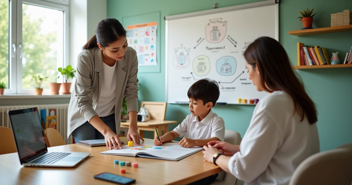 Professor mediando atividade colaborativa entre criança e psicóloga em ambiente escolar-clínico 