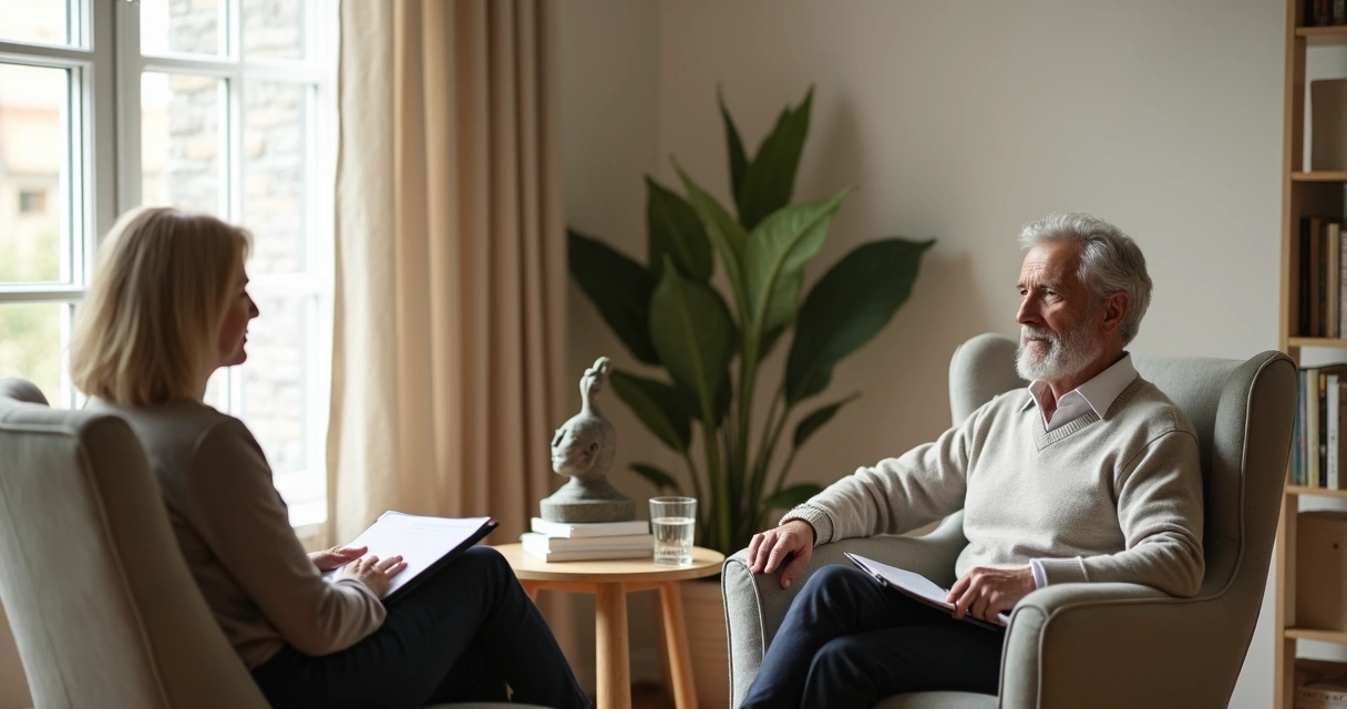 Adulto maduro em sessão de psicologia integrativa refletindo com serenidade 