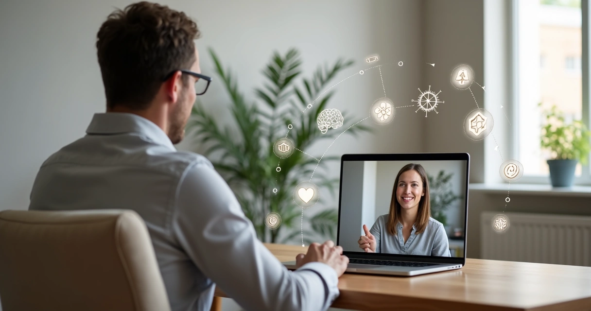 Pessoa em sessão online com elementos integrando mente corpo e emoção ao redor 