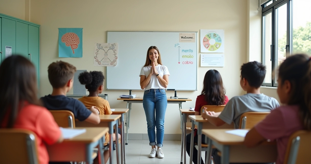 Professor guiando atividade de atenção plena com alunos em sala de aula moderna 