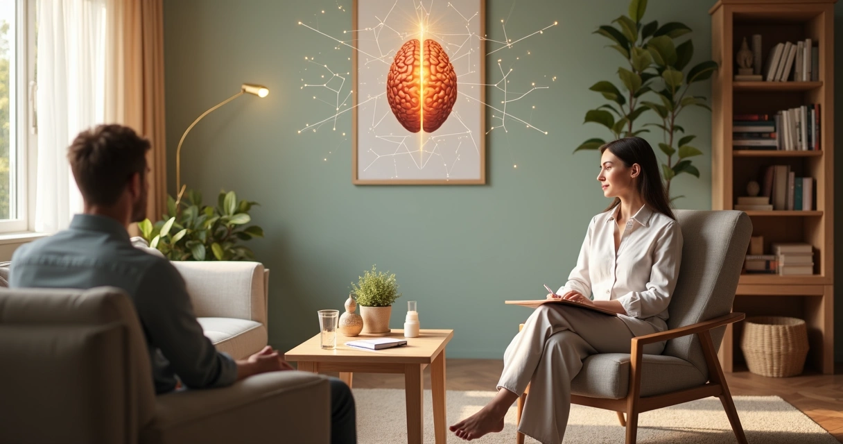 Profissional de psicologia integrativa atendendo paciente em ambiente calmo e acolhedor 