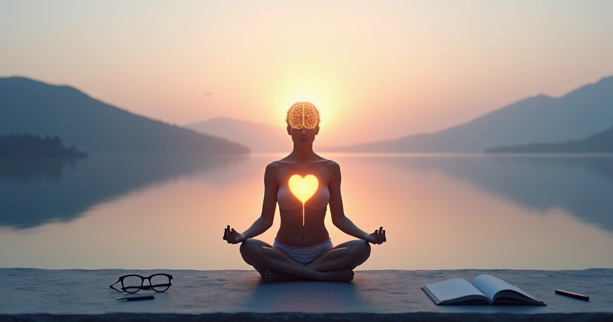 Pessoa meditando com silhueta transparente mostrando cérebro e coração alinhados 