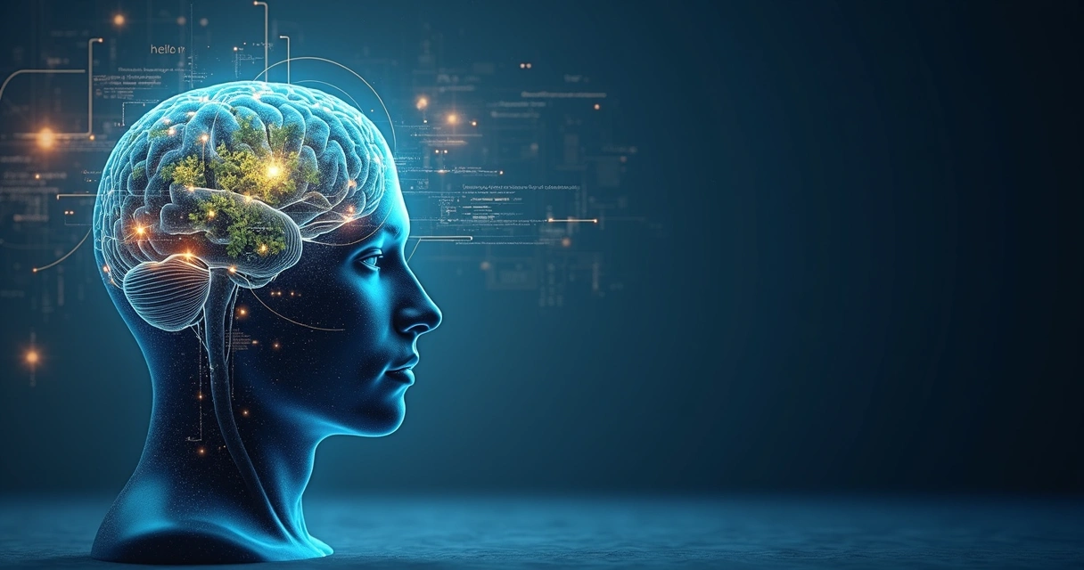 Cerebro humano integrado con conexiones tecnológicas y naturaleza 