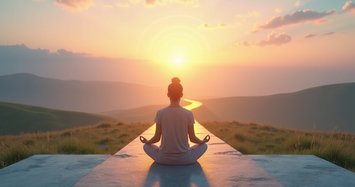 Persona meditando frente a un camino luminoso dividido en tres direcciones 