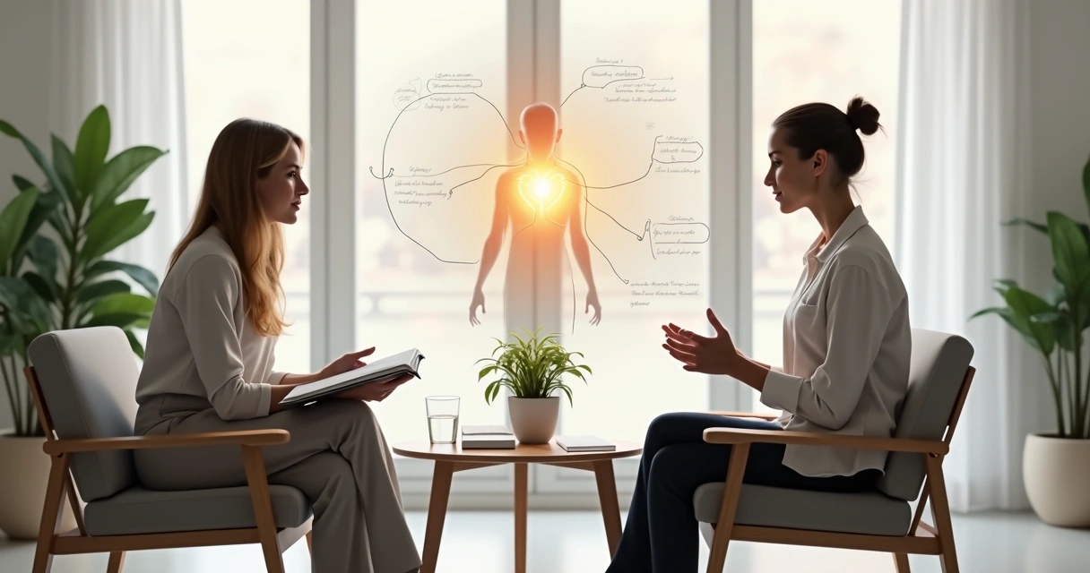 Terapeuta e cliente em sessão integrativa com ilustrações de mente e corpo conectados 