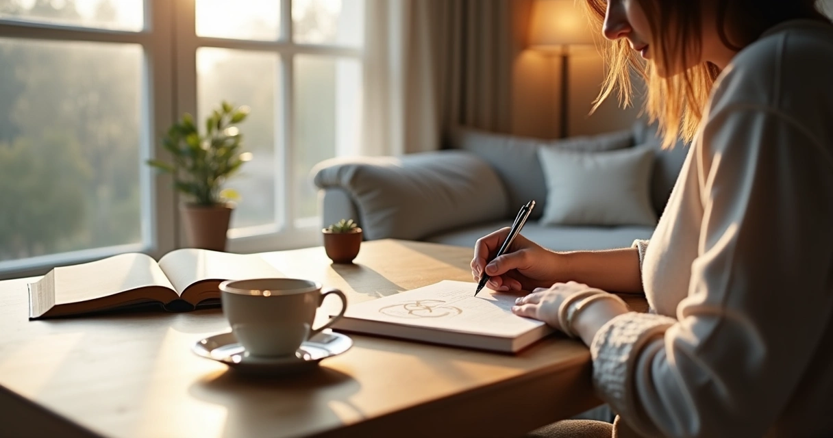 Pessoa refletindo em um caderno em ambiente calmo com luz natural suave 