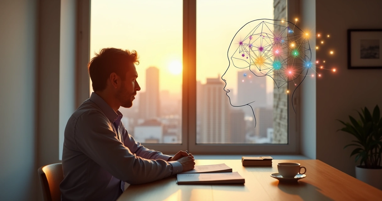 Pessoa em reflexão com mente iluminada e conexões entre emoção e razão 