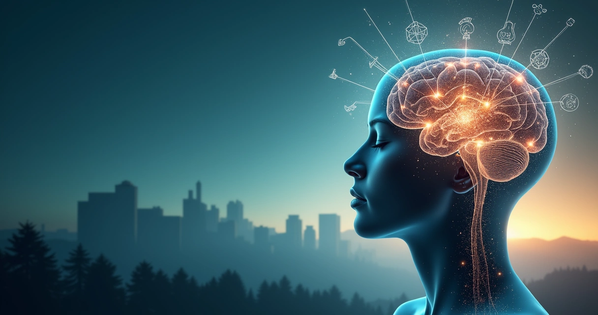 Cérebro humano iluminado integrado a silhueta meditativa em ambiente futurista 