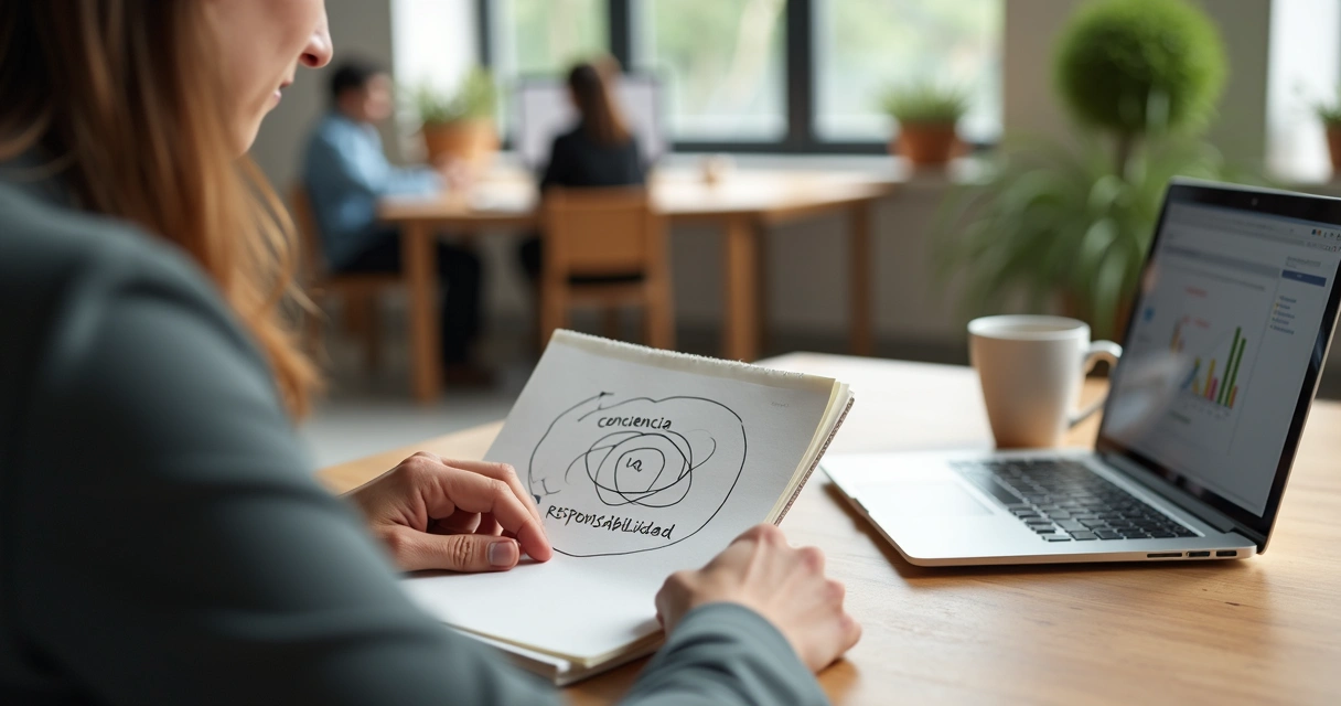 Profesional reflexionando en su escritorio sobre su impacto y conciencia en el trabajo diario 