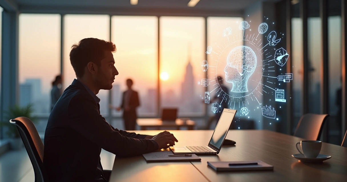 Profissional em escritório contemplando gráficos e conexões entre mente e carreira 