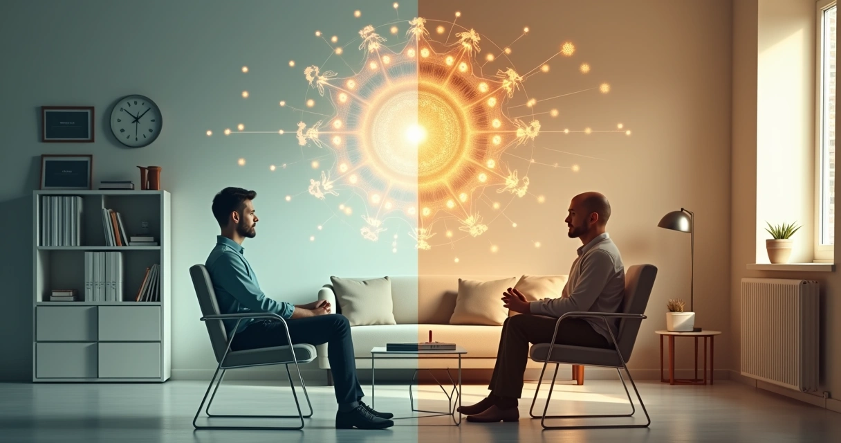 Comparação visual entre psicologia tradicional e psicologia marquesiana em um mesmo cenário 