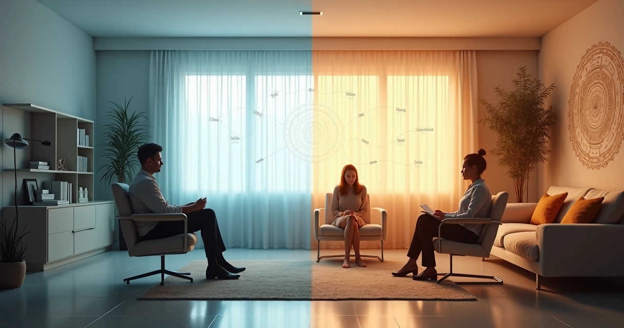 Comparación visual entre psicología marquesiana y psicología tradicional en una misma escena 