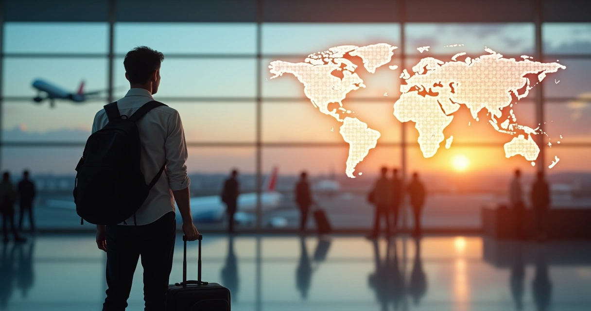 Pessoa em aeroporto olhando mapa mental com conexões emocionais globais 