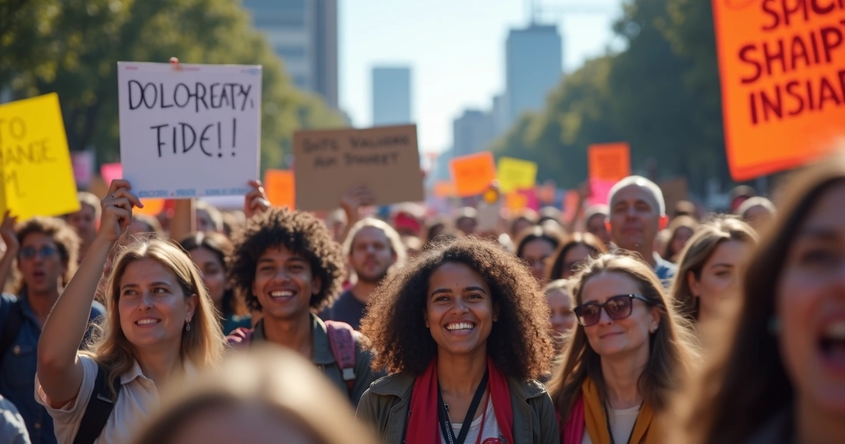Grupo de pessoas em manifestação social com cartazes, pano de fundo urbano e expressões de esperança, mobilização e diversidade 