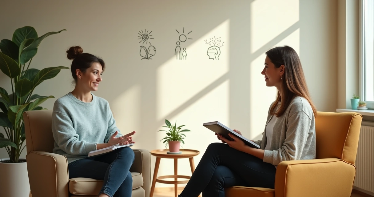Terapeuta conversando com paciente em ambiente acolhedor com ícones sutis de bem-estar ao fundo 