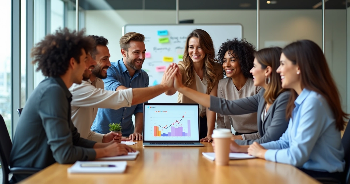 Equipe reunida em escritório moderno celebrando resultado positivo 